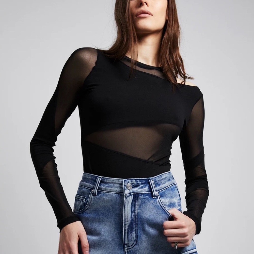 RTA Saela Sheer Mesh Cutout Top Black Long Sleeve NWT Medium